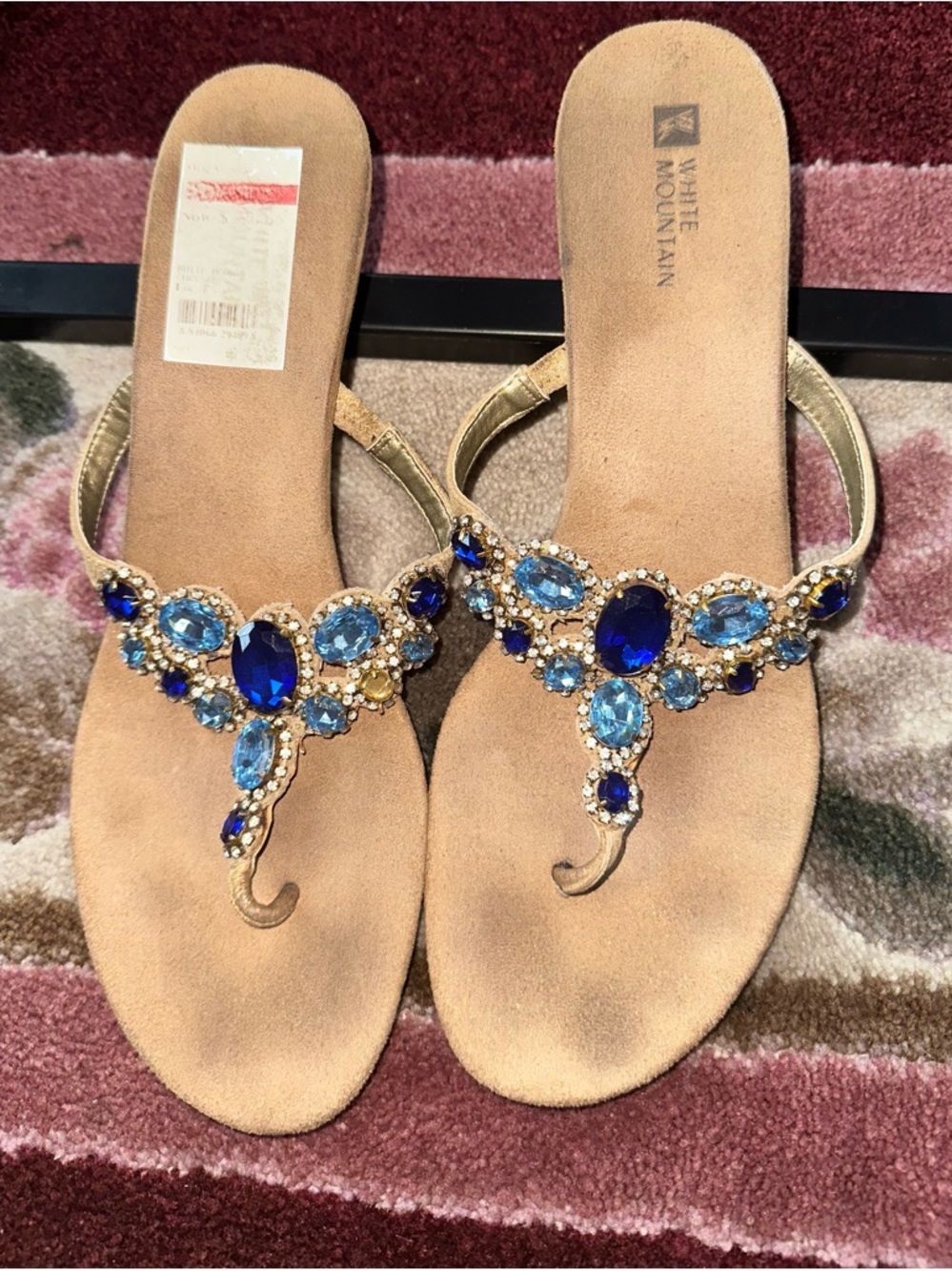 White Mountain Gold Sandals with Dark Blue and Light Blue Gems